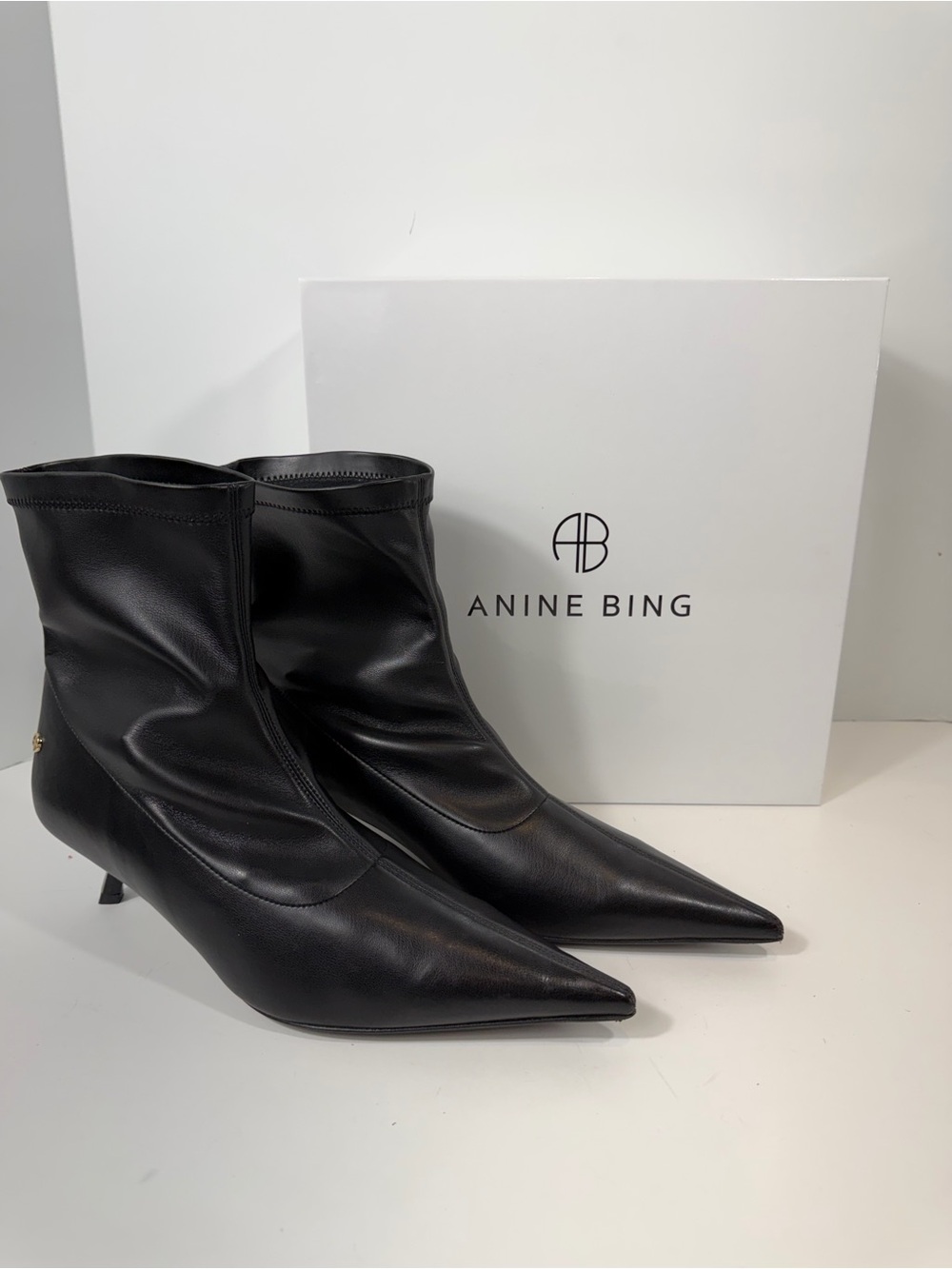 ANINE BING Hilda Black Leather Kitten Heel Ankle Sock Boots Box Sz 41